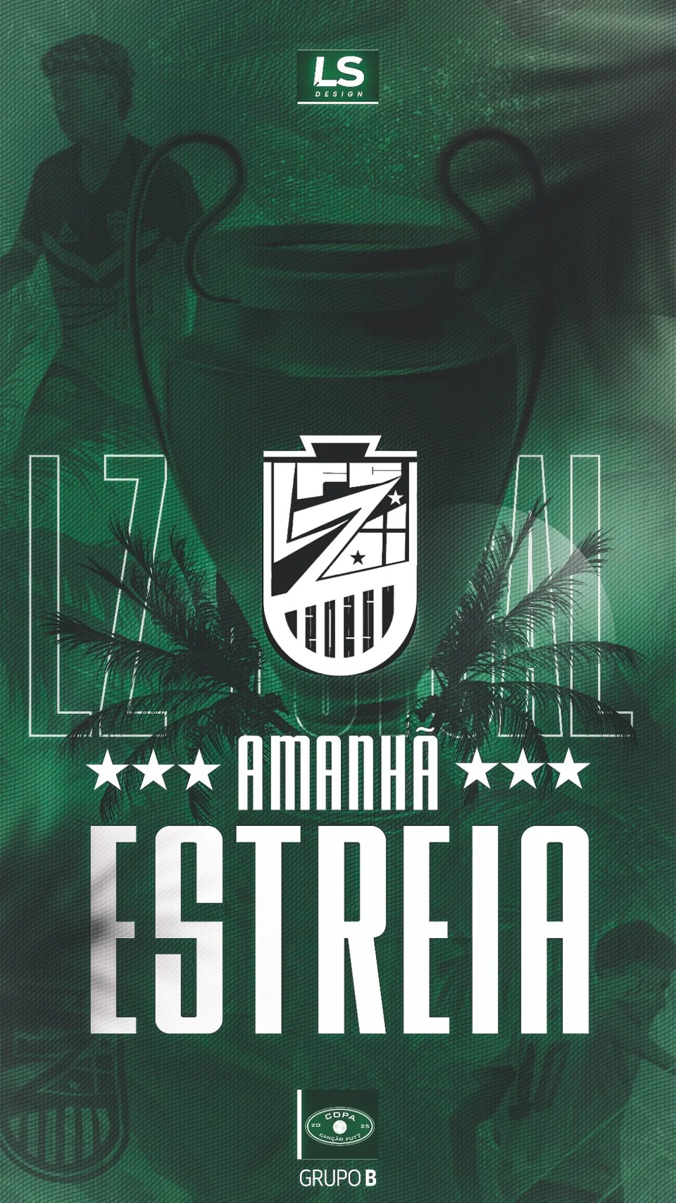 Arte verde com escudo central, folhagens e texto Amanhã estreia.