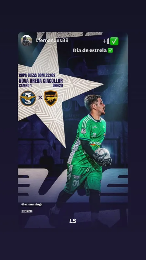 Arte azul com goleiro em uniforme verde segurando a bola e texto Dia de estreia.