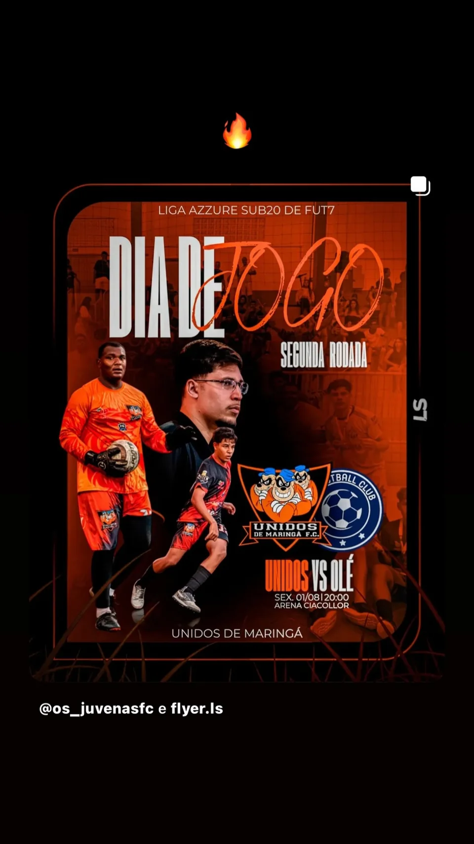Arte em tons de laranja com três atletas, chama acima e confronto Unidos vs Olé.