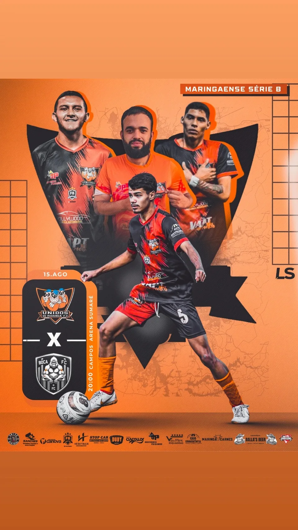Arte laranja com quatro atletas do Unidos de Maringá e informações da rodada.