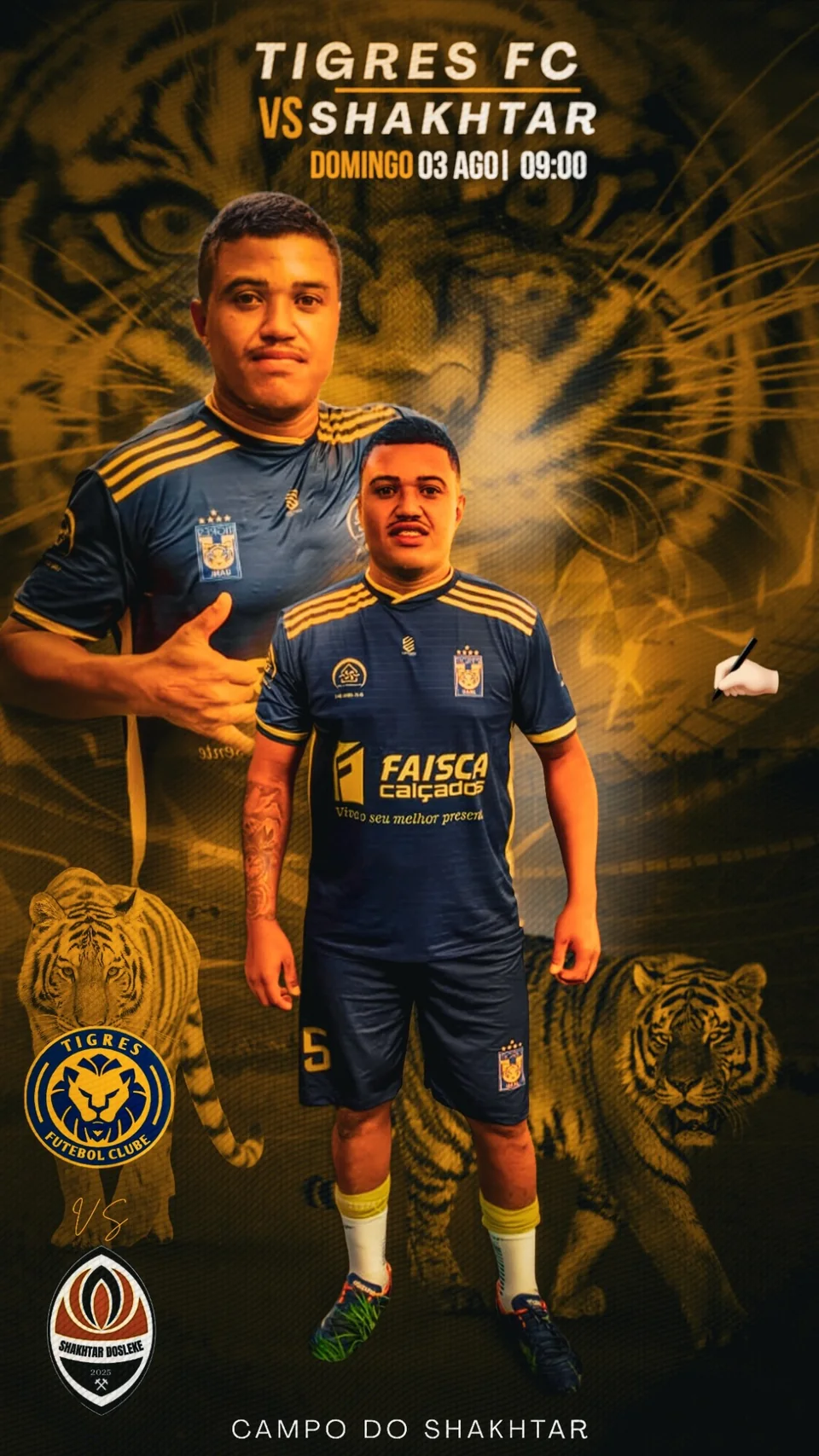 Arte dourada com tigres ao fundo e jogador central em uniforme azul.