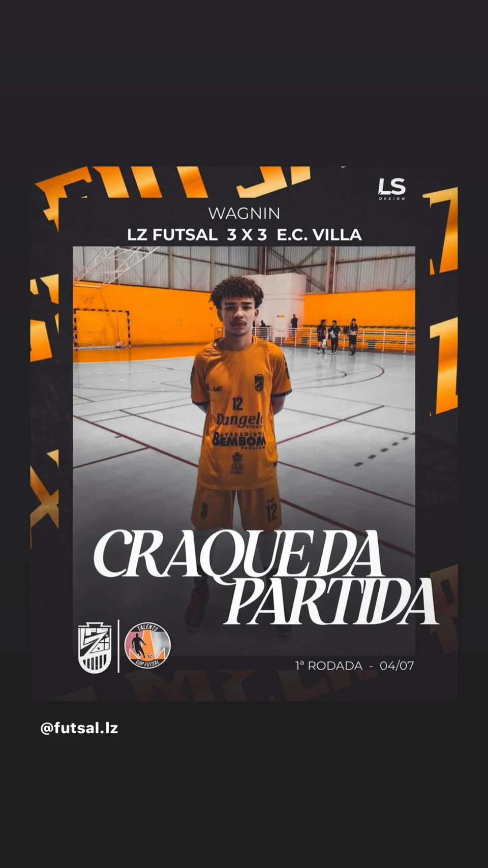 Arte laranja e preta com atleta posando em quadra e título Craque da partida.