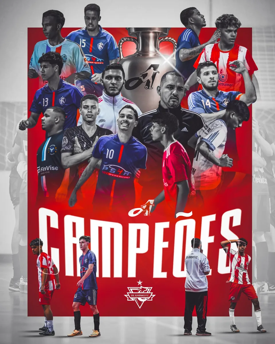 Colagem de atletas e treinador com palavra Campeões em tipografia branca sobre vermelho.