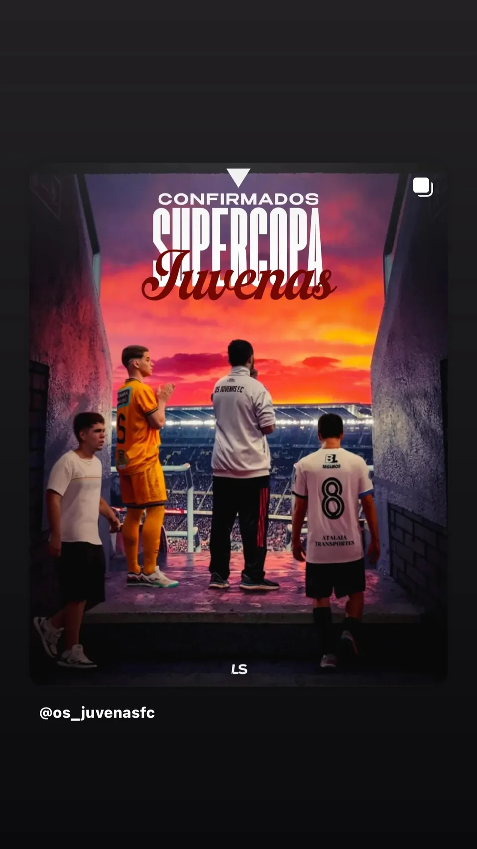Arte com atletas entrando em campo e céu colorido, anunciando Supercopa Juvenas.