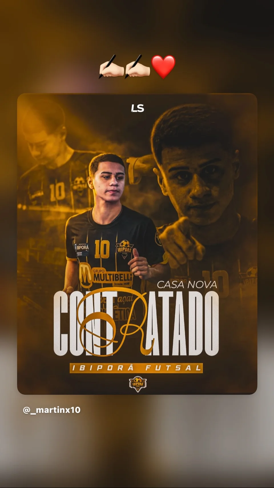 Anúncio dourado da contratação de jogador pelo Ibiporã Futsal.