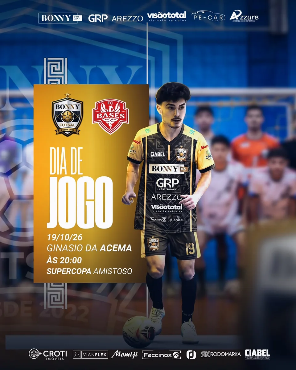 Arte azul com atleta do Bonny Futsal e informações de jogo contra o FC Bases.