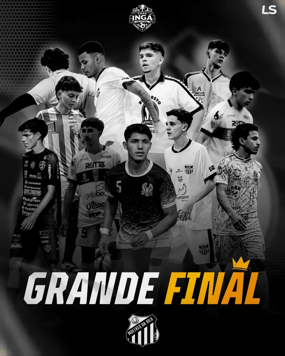 Composição preto e branco de jogadores com título Grande Final em amarelo.