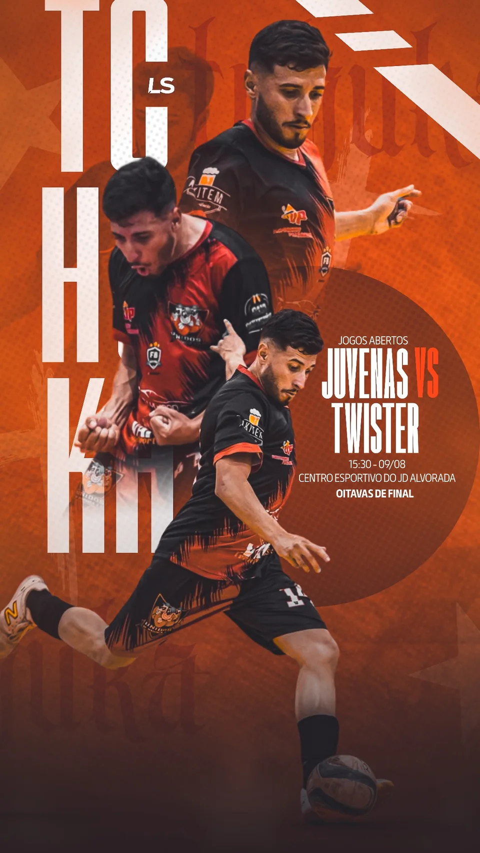 Arte em laranja e preto com três imagens de atleta e detalhes da partida.