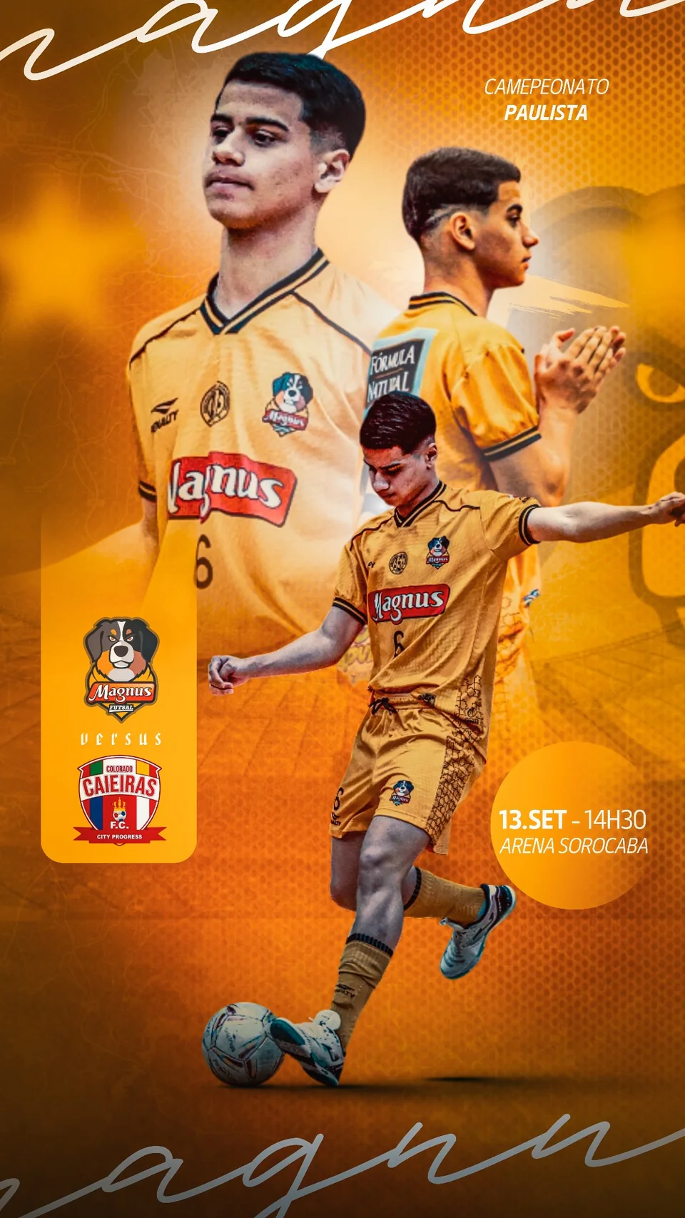Arte alaranjada com atleta de futsal e informações da partida Magnus contra Caieiras.